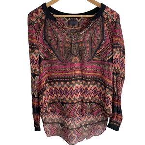 Hale Bob Pink and Black Geometric print artsy Silk tunic Size Large romantic